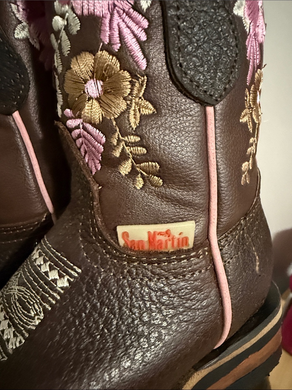 Girls' Brown Leather Western Boots with Pink Floral Embroidery - Picture 4 of 5